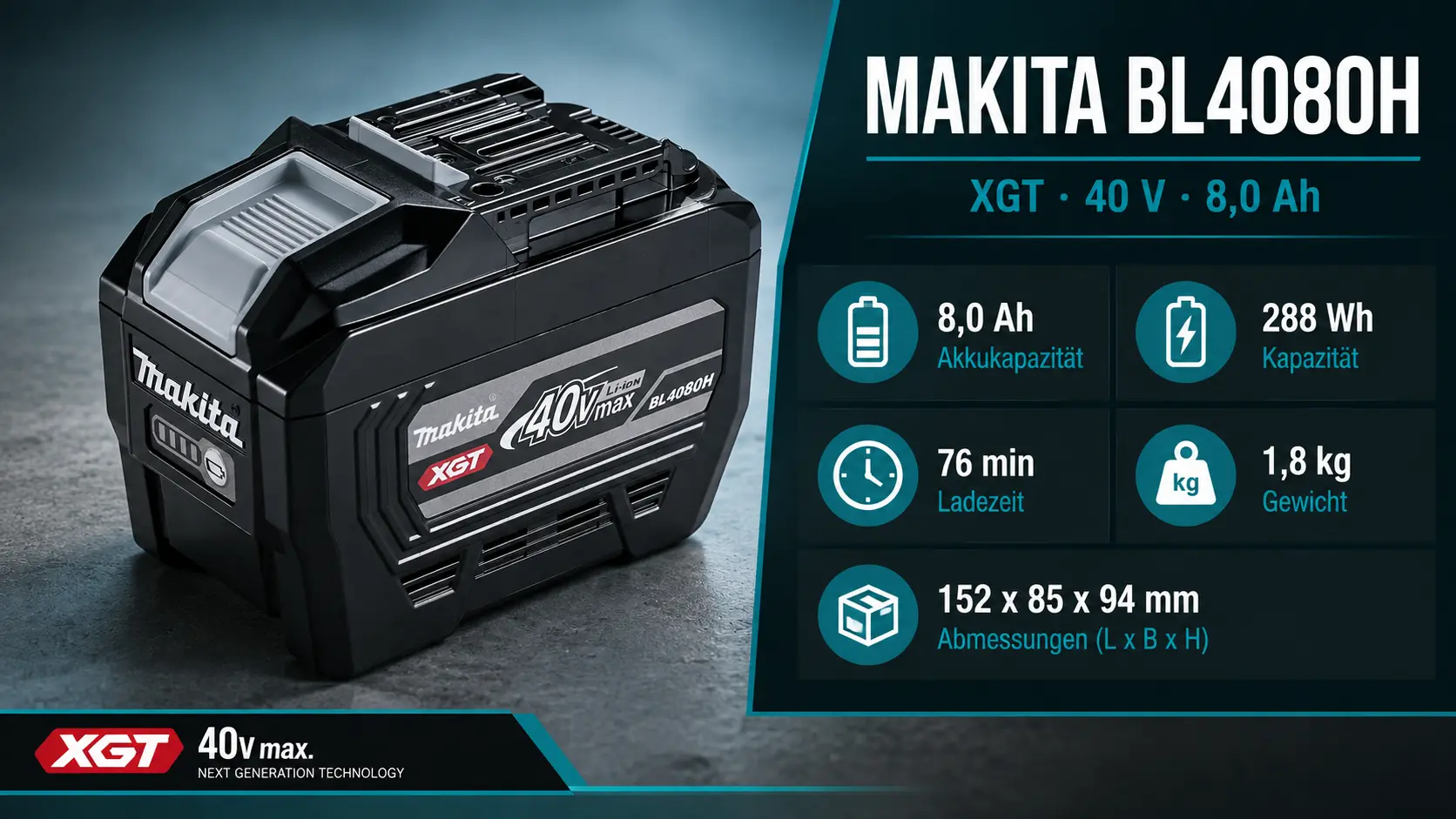 Makita BL4080H XGT Akku 8,0 Ah Tabless mit technischen Daten
