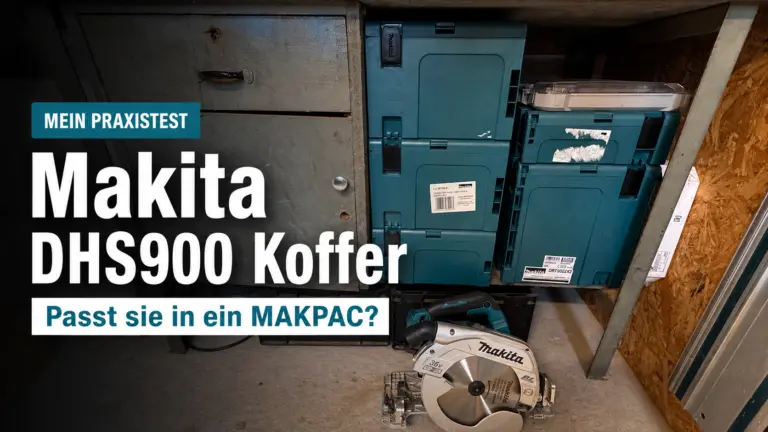 Makita DHS900 vor mehreren MAKPAC Koffern unter einer Werkbank