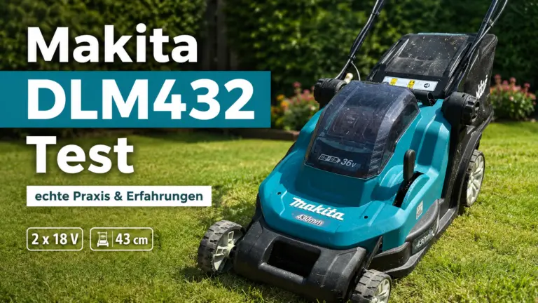 Makita DLM432 Akkurasenmäher im Praxistest auf einer Rasenfläche im Garten