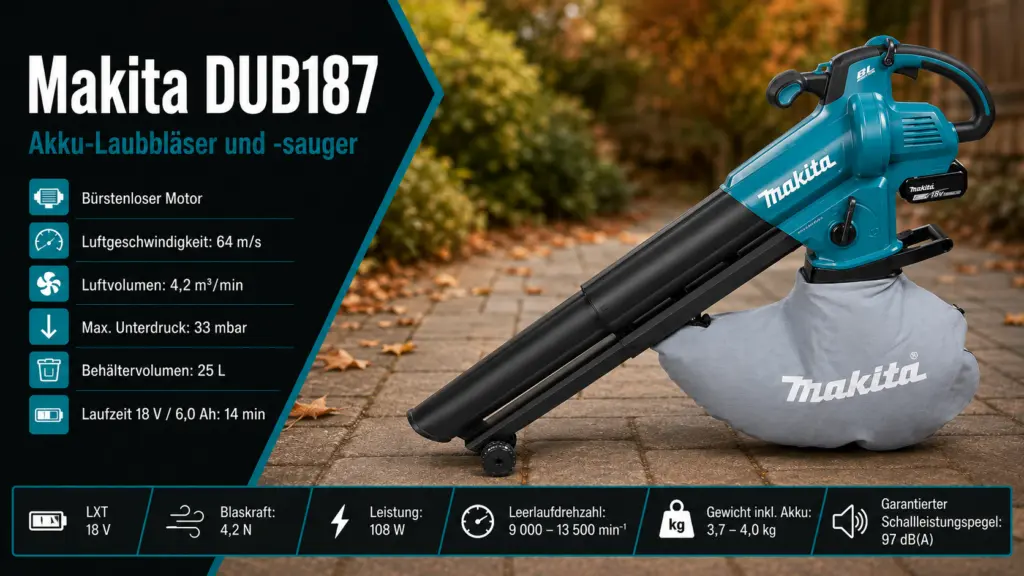 Technische Produktgrafik des Makita DUB187 18V LXT Akku-Laubbläsers und -saugers