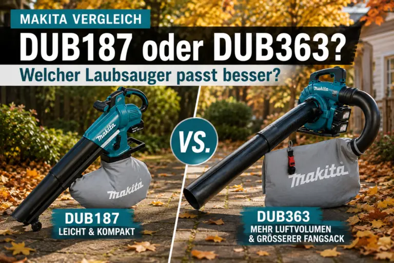 Makita DUB187 und DUB363 als Laubsauger mit Fangsack im direkten Vergleich vor herbstlichem Gartenhintergrund