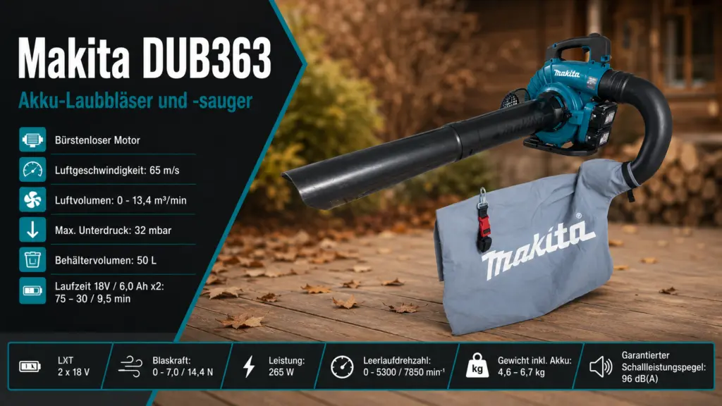 Technische Produktgrafik des Makita DUB363 Akku-Laubbläsers und -saugers
