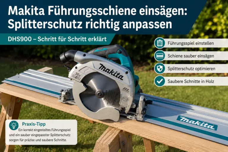 Makita DHS900 auf einer Führungsschiene beim Einsägen des Splitterschutzes