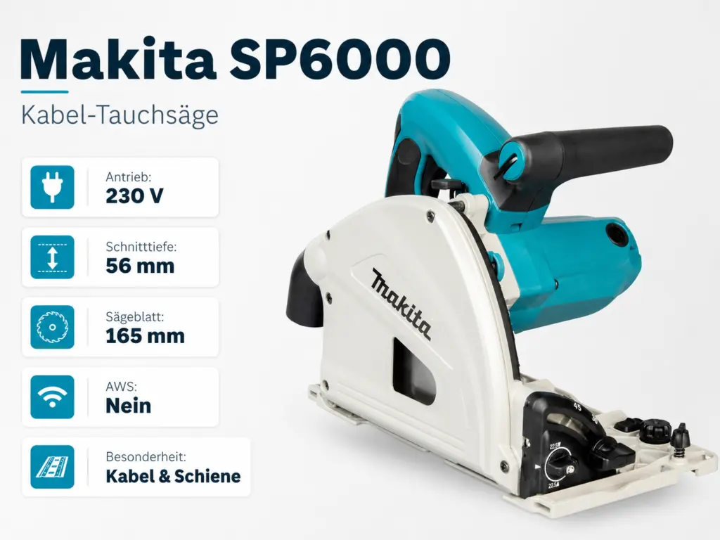 Makita SP6000 kabelgebundene Tauchsäge in schräger Seitenansicht
