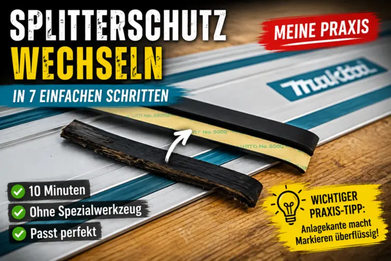 Makita Splitterschutz wechseln an einer Führungsschiene mit altem und neuem Spanreißschutz
