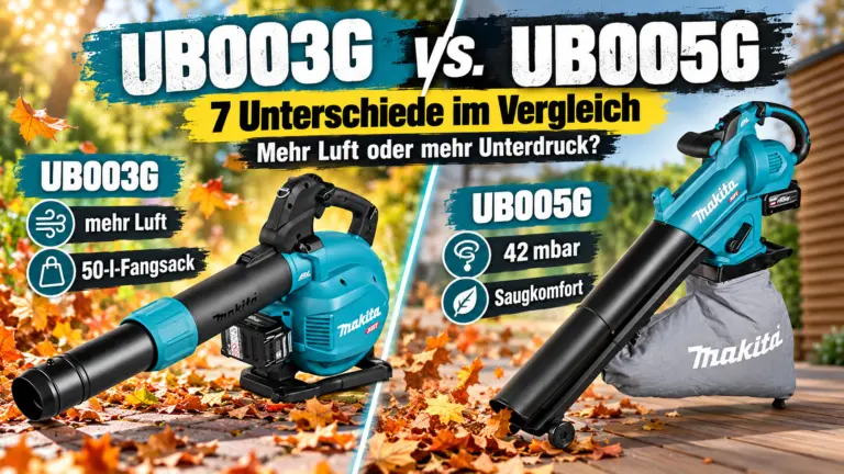 Makita UB003G oder UB005G im Vergleich mit beiden XGT-Laubsaugern sowie Unterschieden bei Luftdurchsatz, Fangsack und Unterdruck