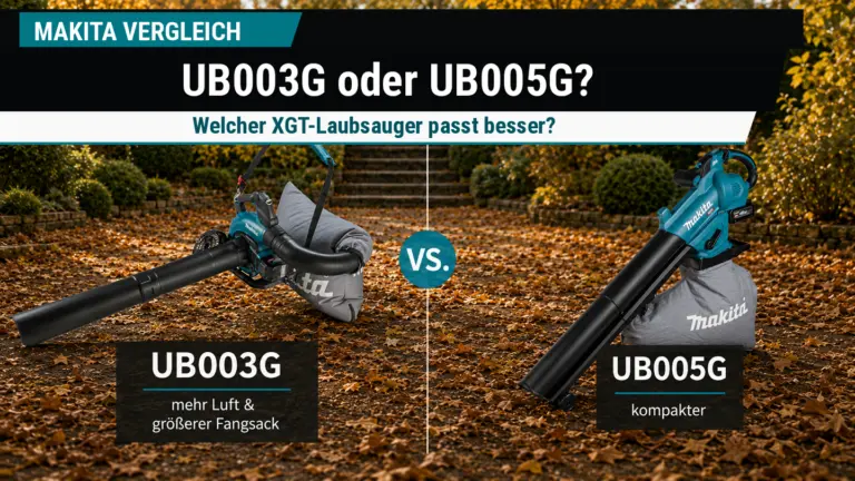 Makita UB003G und UB005G als XGT-Laubsauger mit Fangsack im direkten Vergleich vor herbstlichem Gartenhintergrund