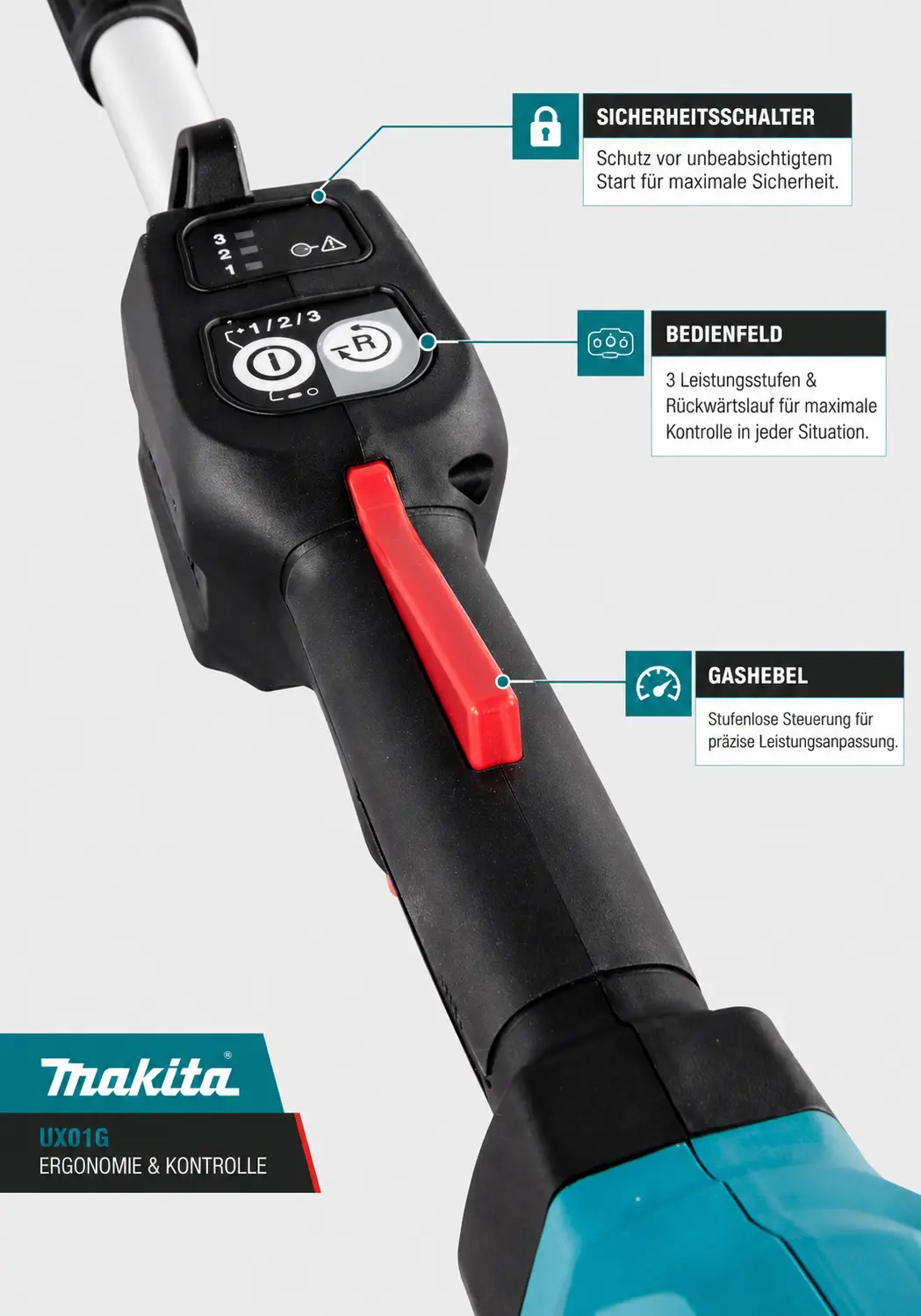 Bedienfeld des Makita UX01G mit drei Drehzahlstufen und Rückwärtslauf