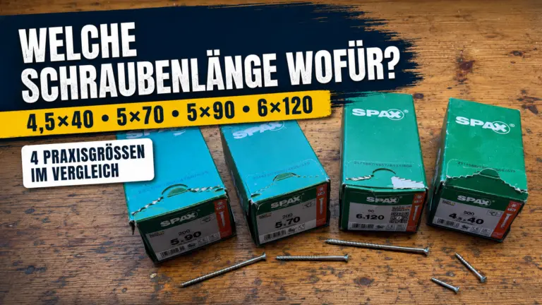 Schraubenlänge und Durchmesser im Vergleich - Vier SPAX Schraubenlängen im Vergleich auf einer Werkbank mit passenden Verpackungen im Hintergrund