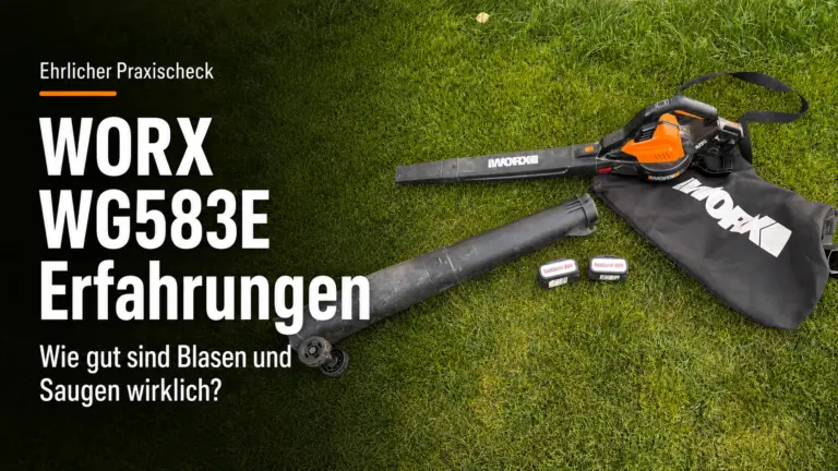 Beitragsbild zum Praxistest des WORX WG583E Laubbläsers und Laubsaugers auf Rasen mit Textoverlay