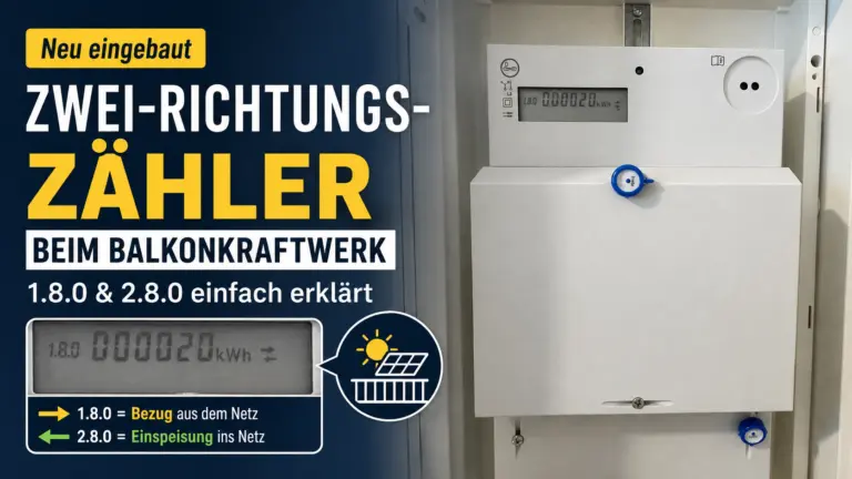 Zweirichtungszähler Balkonkraftwerk nach dem Einbau mit Erklärung zu 1.8.0 und 2.8.0