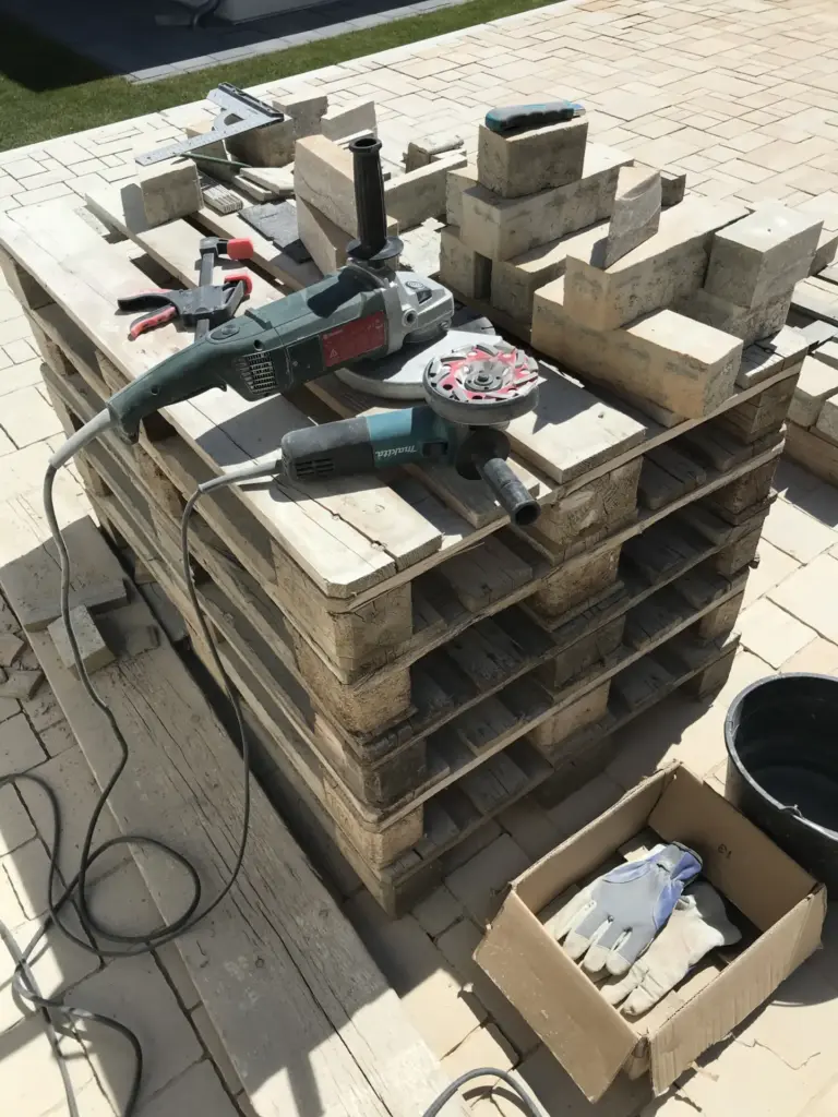 Akku- oder Kabel-Winkelschleifer bei Pflasterarbeiten mit kabelgebundenen Maschinen
