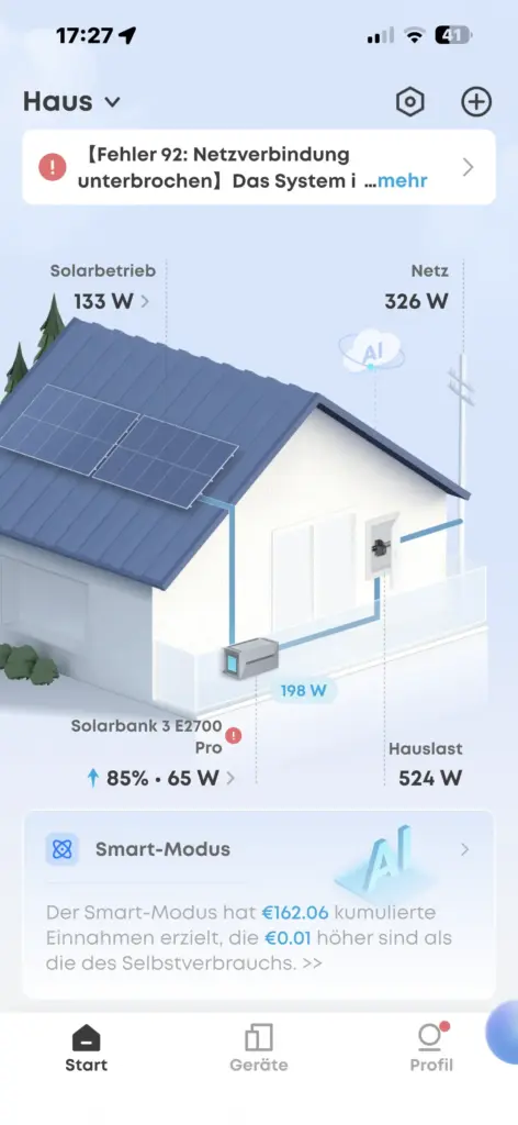 Anker-App mit Fehler 92 nach getrennter Netzverbindung der Solarbank 3