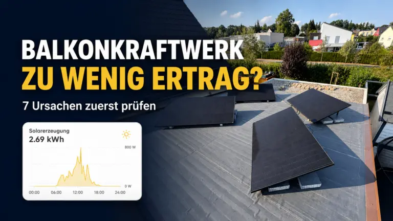 Balkonkraftwerk zu wenig Ertrag mit vier Solarmodulen auf dem Carport und Ertragsgrafik mit 2,69 kWh