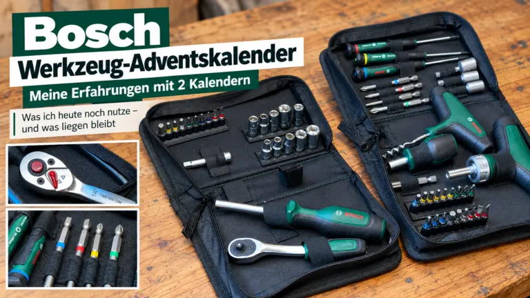 Bosch Werkzeug-Adventskalender mit zwei geöffneten Werkzeugsets und Ratschen, Bits und Stecknüssen