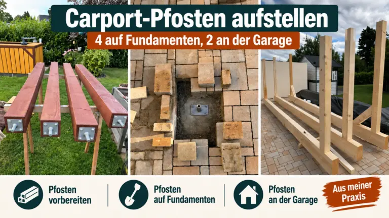 Carport-Pfosten aufstellen: vier Pfosten auf Fundamenten und zwei an der Garage