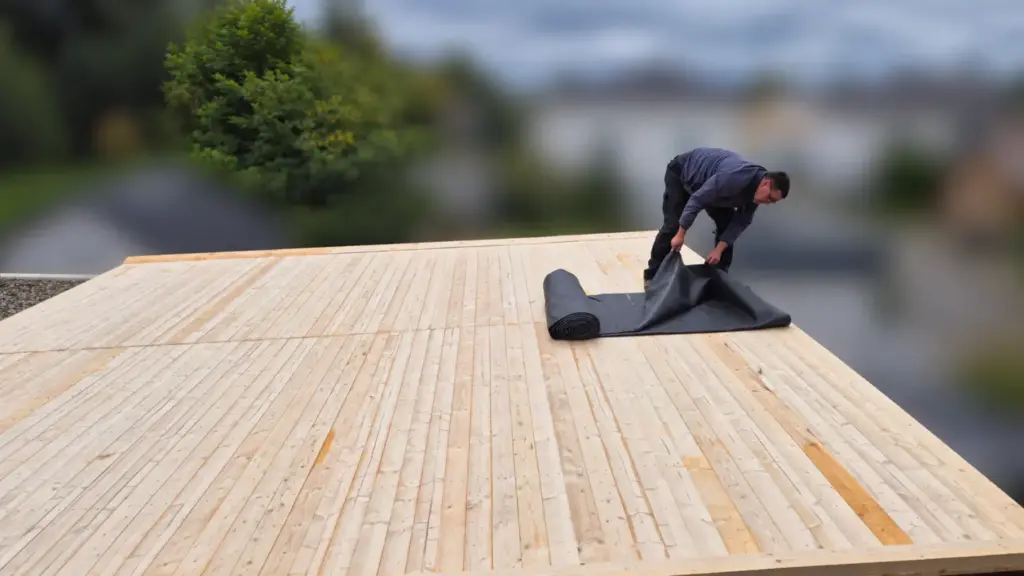EPDM-Dachfolie wird auf der Holzschalung des Carports ausgerollt