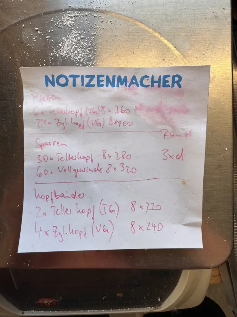 Handschriftliche Notiz zu 8×220- und 8×240-mm-Schrauben für die Kopfbänder am Carport