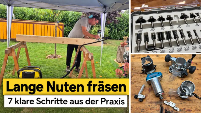 Lange Nuten fräsen mit der Makita DRT50 – eigene Carportpraxis mit Absaugung, Fräsern und Zubehör