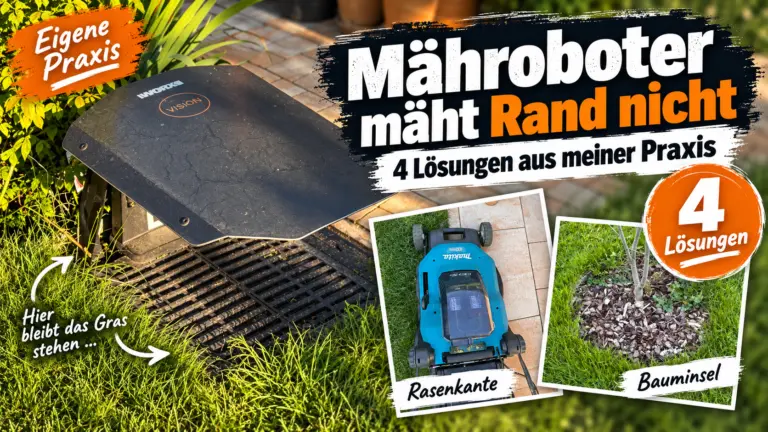 Mähroboter mäht Rand nicht – WORX Vision Garage, Makita DLM432 an der Rasenkante und ungemähte Bauminsel