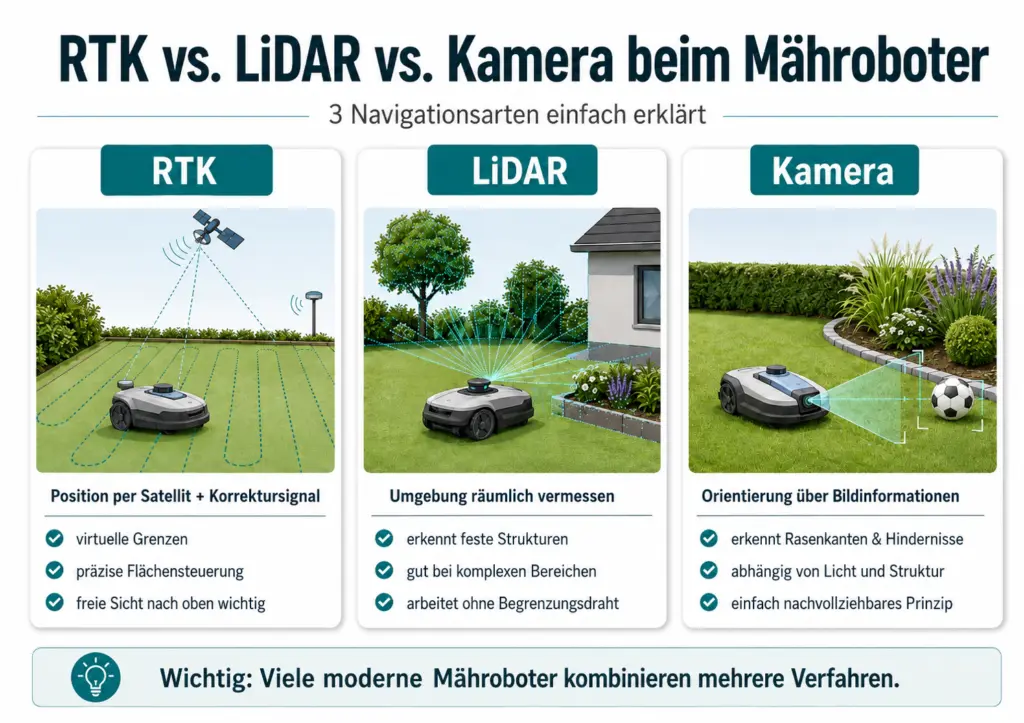Infografik zum Vergleich von RTK, LiDAR und Kamera bei Mährobotern ohne Begrenzungskabel