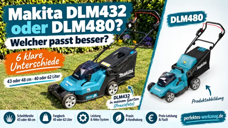 Makita DLM432 oder DLM480 im Vergleich – DLM432 im eigenen Garten und DLM480 als Produktabbildung