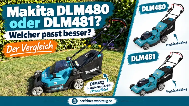 Makita DLM480 oder DLM481 im Vergleich mit Produktabbildungen beider Rasenmäher und DLM432-Praxisfoto