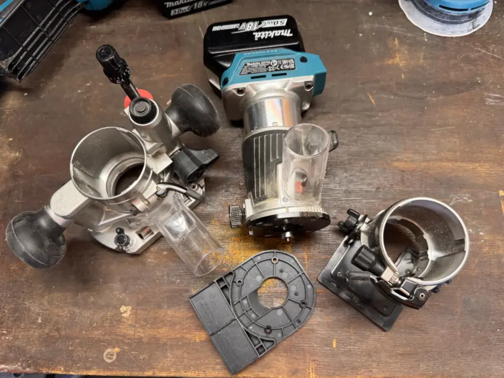 Makita DRT50 mit Kantenfräsmodul, Oberfräsenmodul und weiteren Aufsätzen