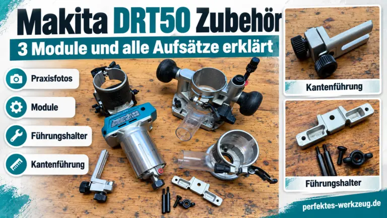 Makita DRT50 Zubehör mit Motoreinheit, drei Fräsmodulen und Führungsteilen auf der Werkbank