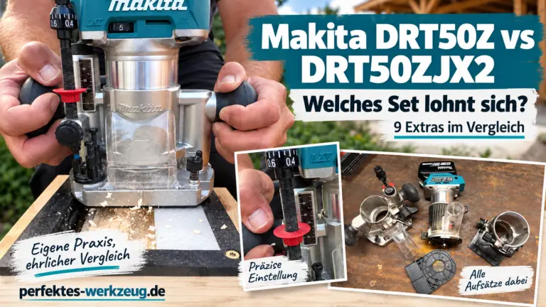 Makita DRT50Z vs DRT50ZJX2 im Vergleich mit Oberfräse und verschiedenen Fräsaufsätzen