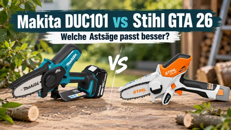 Makita DUC101 und Stihl GTA 26 als kompakte Akku-Astsägen nebeneinander auf einer Werkbank im Vergleich