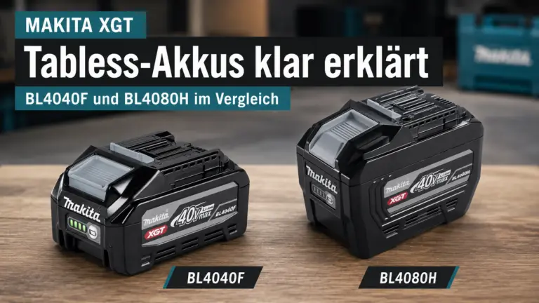 Makita XGT Tabless Akkus - BL4040F und BL4080H XGT-Akkus nebeneinander auf einer Werkbank mit Hinweis auf Tabless-Akkus
