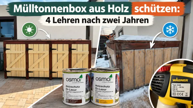 Mülltonnenbox aus Holz schützen: Vergleich der fertigen Holzbox mit ihrem verwitterten Zustand im Winter