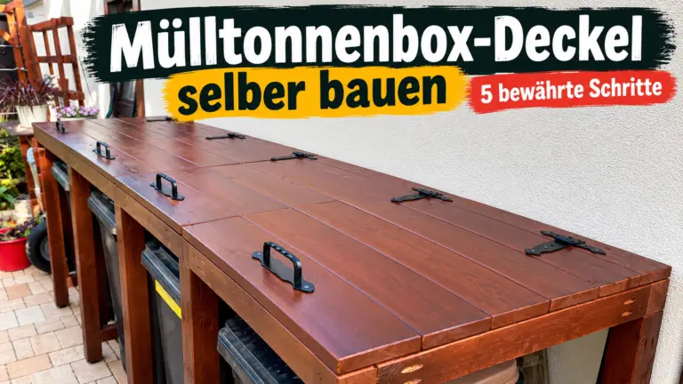 Mülltonnenbox Deckel selber bauen – vier Holzklappen mit schwarzen Scharnieren und Griffen