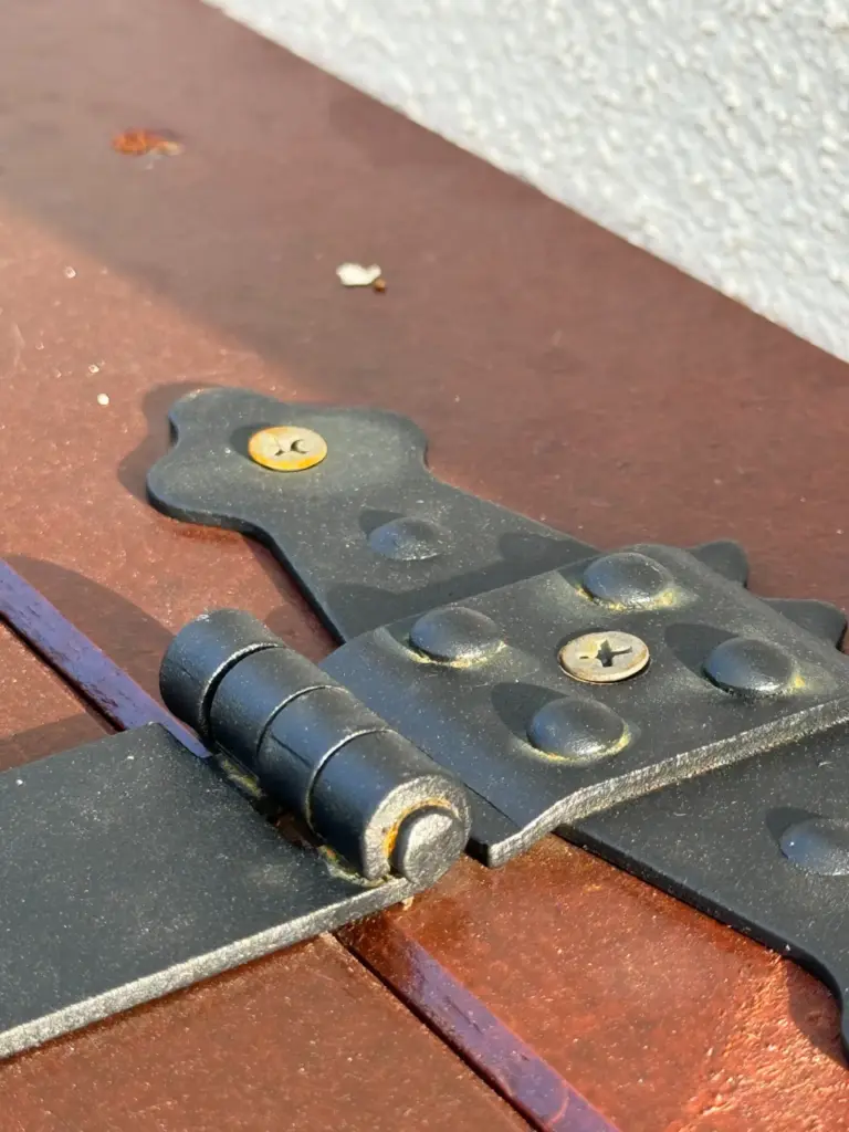 Rost an einem ursprünglich eingesetzten Schraubenkopf des schwarzen Klappdeckel-Scharniers