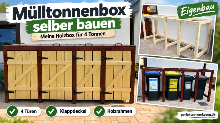 Mülltonnenbox selber bauen: fertige Holzbox für vier Mülltonnen mit vier Türen und Klappdeckeln sowie Fotos vom Rohbau