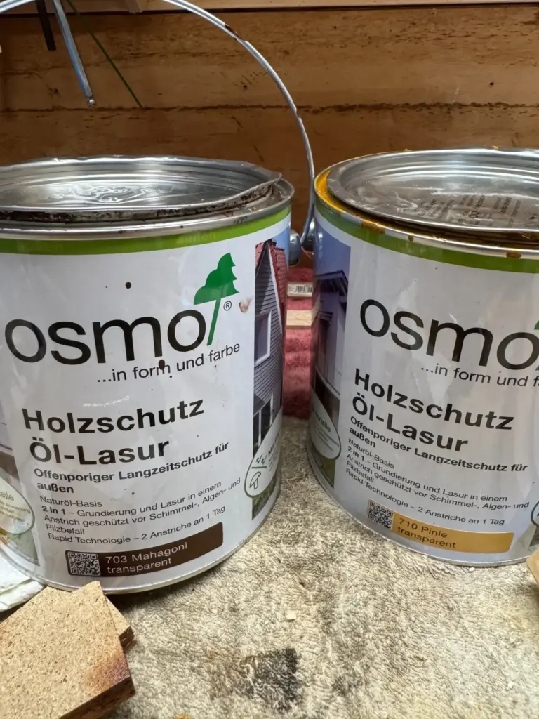 Zwei Originalgebinde Osmo Holzschutz Öl-Lasur in den Farbtönen 703 Mahagoni und 710 Pinie