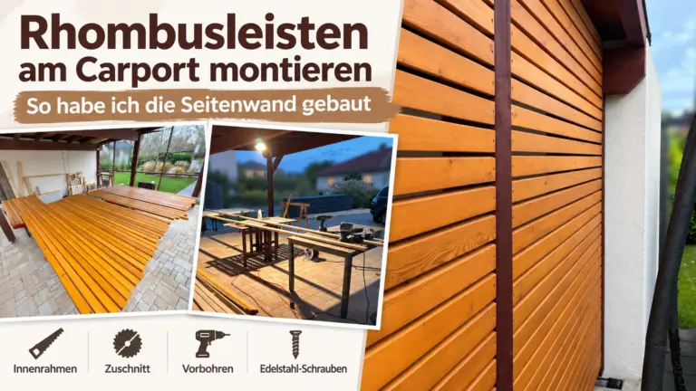 Rhombusleisten am Carport montieren – zugesägte und gestrichene Holzleisten für die Seitenwand meines Carports