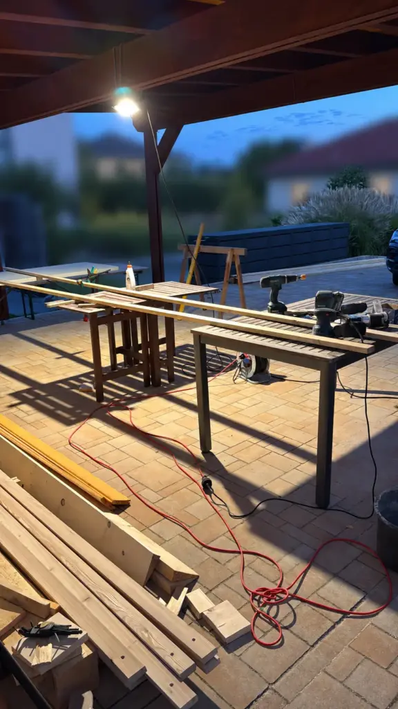 Werkzeuge und Holzleisten bei der Vorbereitung der Carport-Seitenverkleidung