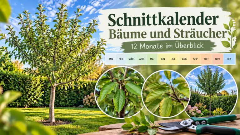 Schnittkalender Bäume und Sträucher mit 12 Monaten und eigenen Gartenfotos von Obstbäumen und Blättern