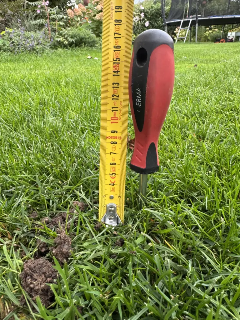 Rot-schwarzer Schraubendreher und gelbes Maßband im grünen Gartenrasen.