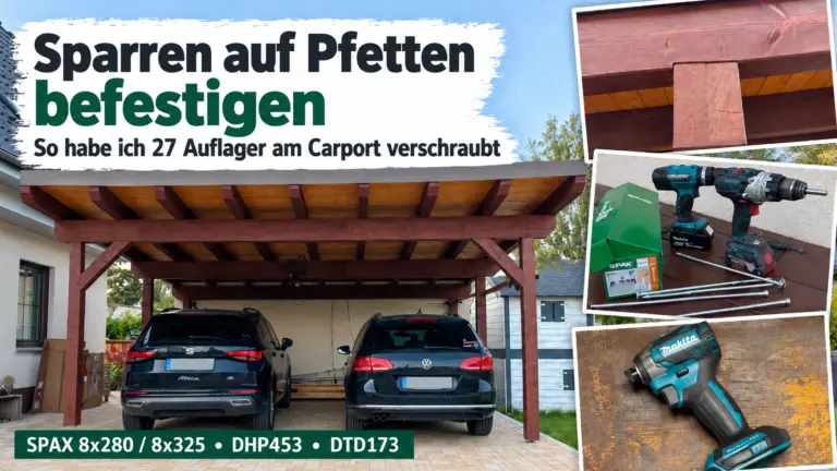 Carport in der Praxis: Sparren auf Pfetten befestigt, fertige Holzkonstruktion mit verschraubten Auflagern