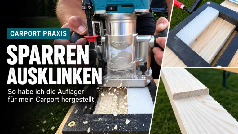 Sparren beim Ausklinken für ein Carport mit Makita Oberfräse, Frässchablone und fertigem Auflager