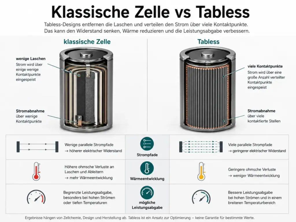 Schematischer Vergleich klassische Akkuzelle und Tabless-Zelle