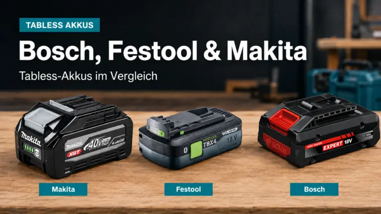 Tabless Akkus von Makita, Festool und Bosch nebeneinander auf einer Werkbank im Vergleich