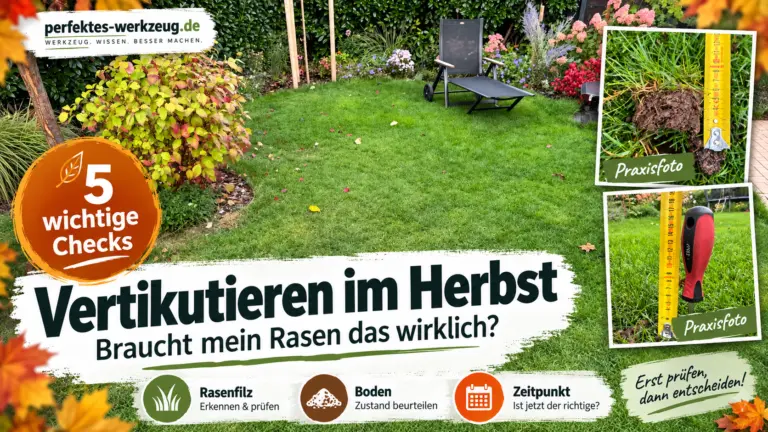 Vertikutieren im Herbst: Mein Rasen mit Rasensodenprobe und Schraubendreher zur Prüfung von Rasenfilz und Boden