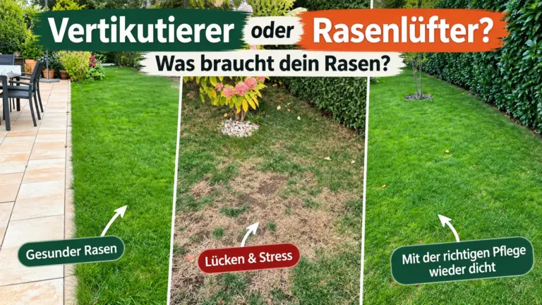 Vertikutierer oder Rasenlüfter: Vergleich von dichtem Rasen und lückigen, trockengeschädigten Rasenflächen
