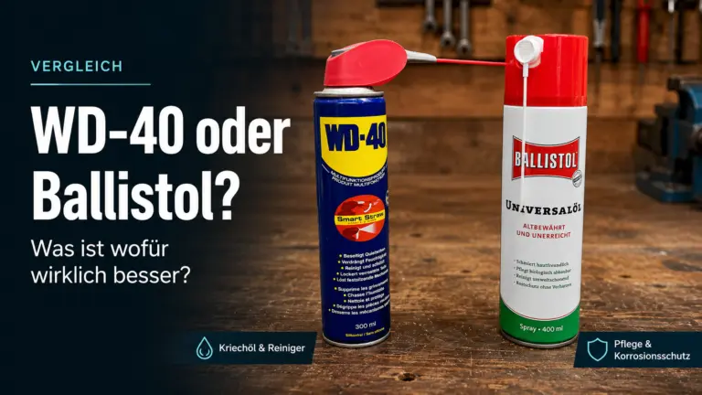 WD-40 Multifunktionsspray und Ballistol Universalöl nebeneinander auf einer Werkbank im Vergleich