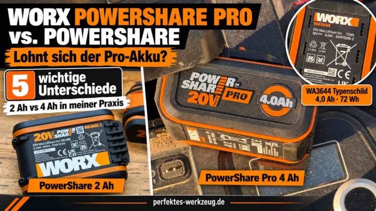 Worx PowerShare Pro im Vergleich mit normalem PowerShare 2-Ah-Akku und WA3644 Pro 4 Ah