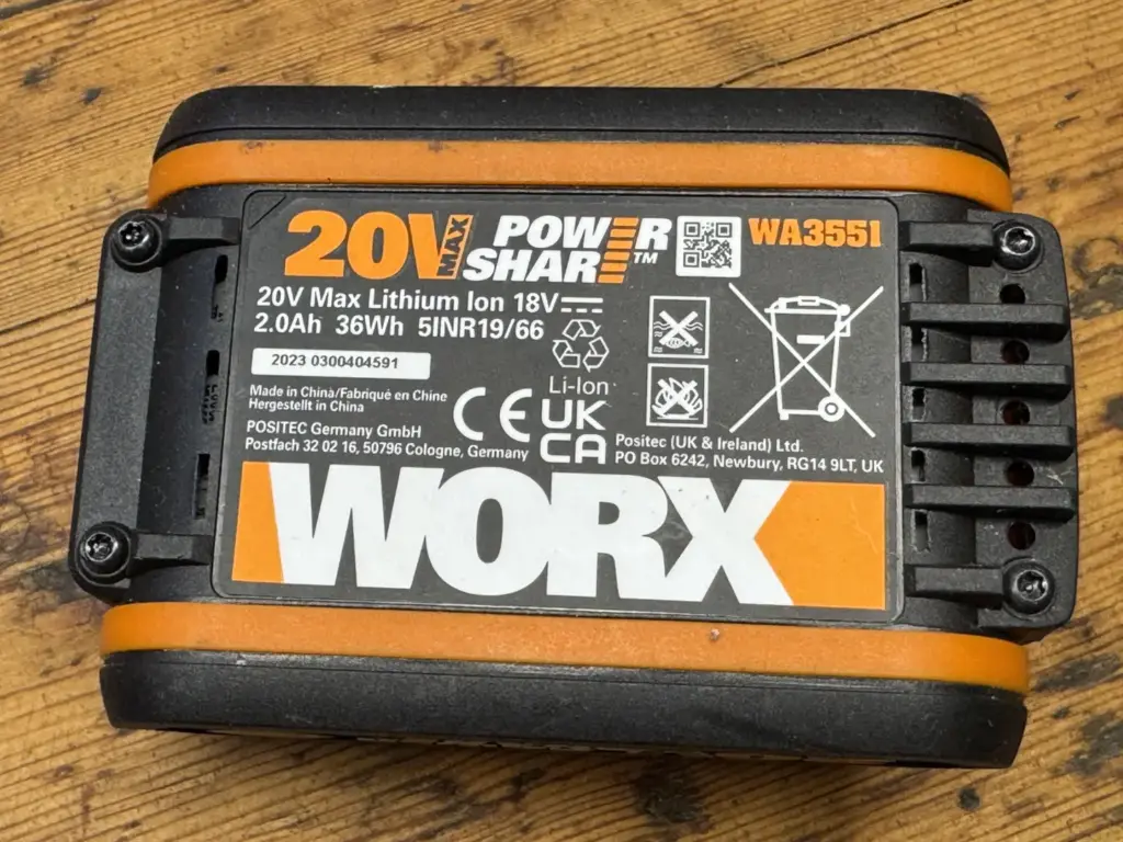 WORX WA3551 Originalakku mit 20V Max, 18 V, 2,0 Ah und 36 Wh auf dem Typenschild